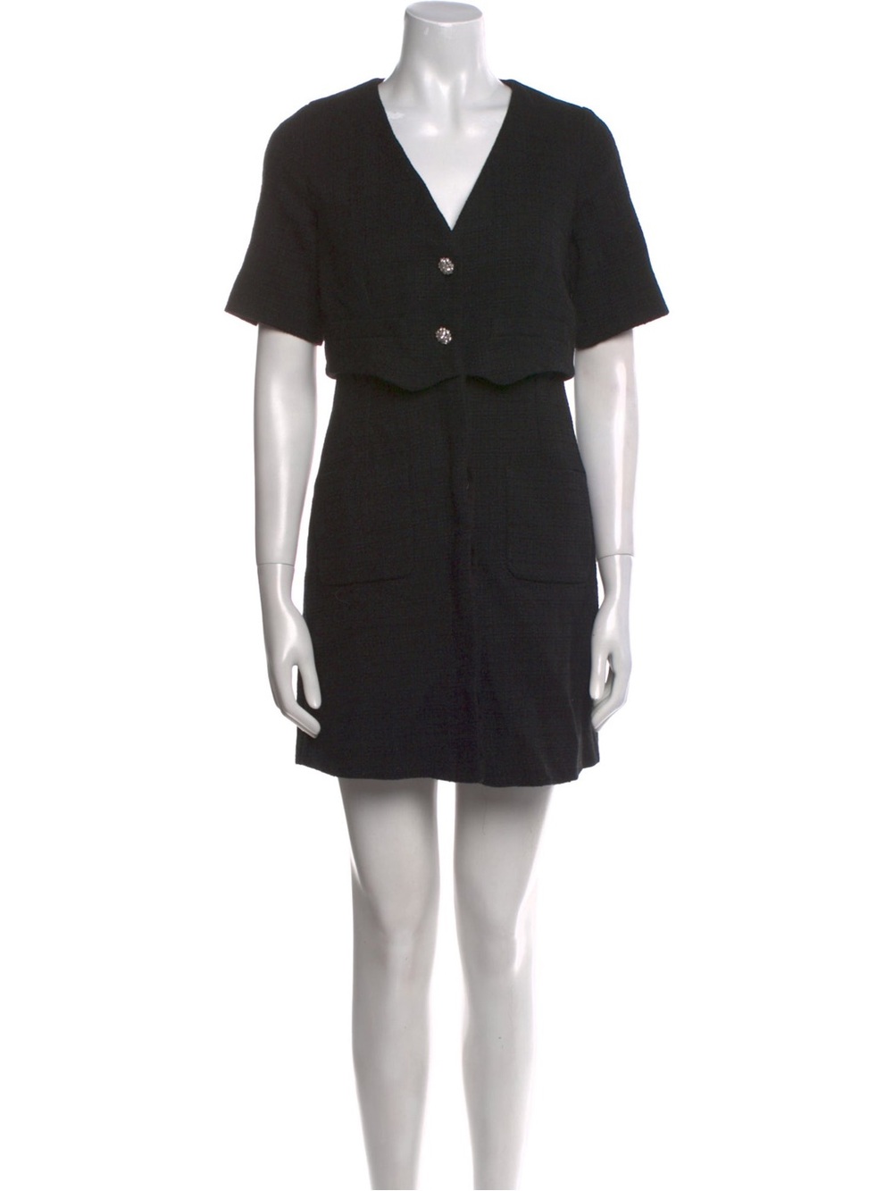 Sandro Black V-Neck Short-Sleeve Mini Dress with Decorative Buttons